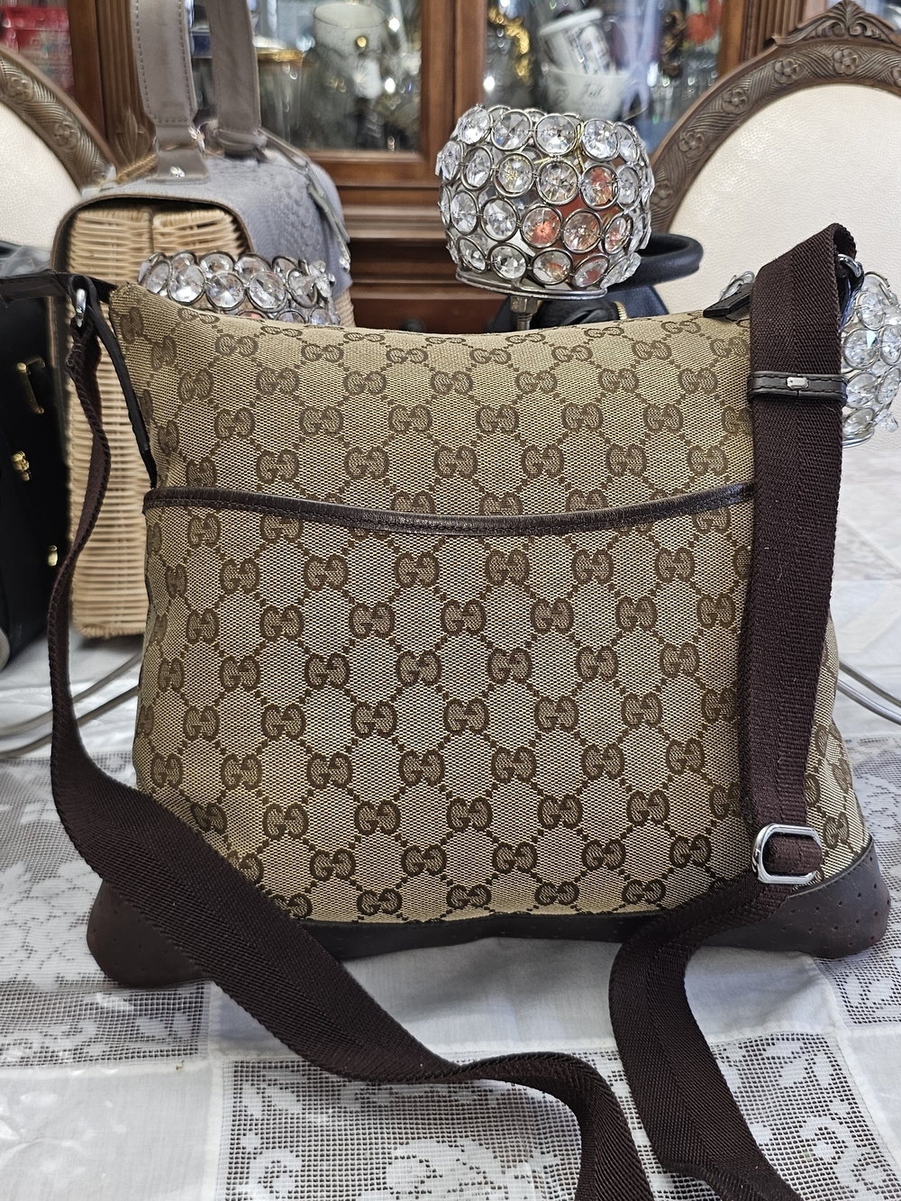 Gucci Brown Monogram Canvas Messenger Bag with Dark Brown Trim